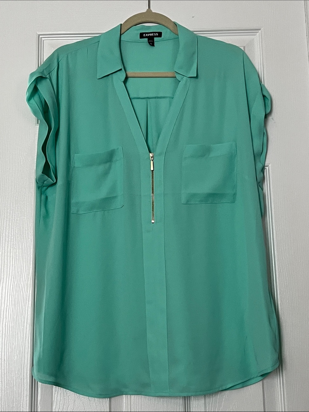 Express Women's Mint Green Zip-Front Blouse